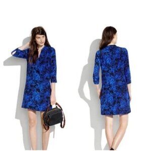 Madewell Director Shift 3/4 Sleeve Dress Blue & Black 100% Silk Pockets Size XS
